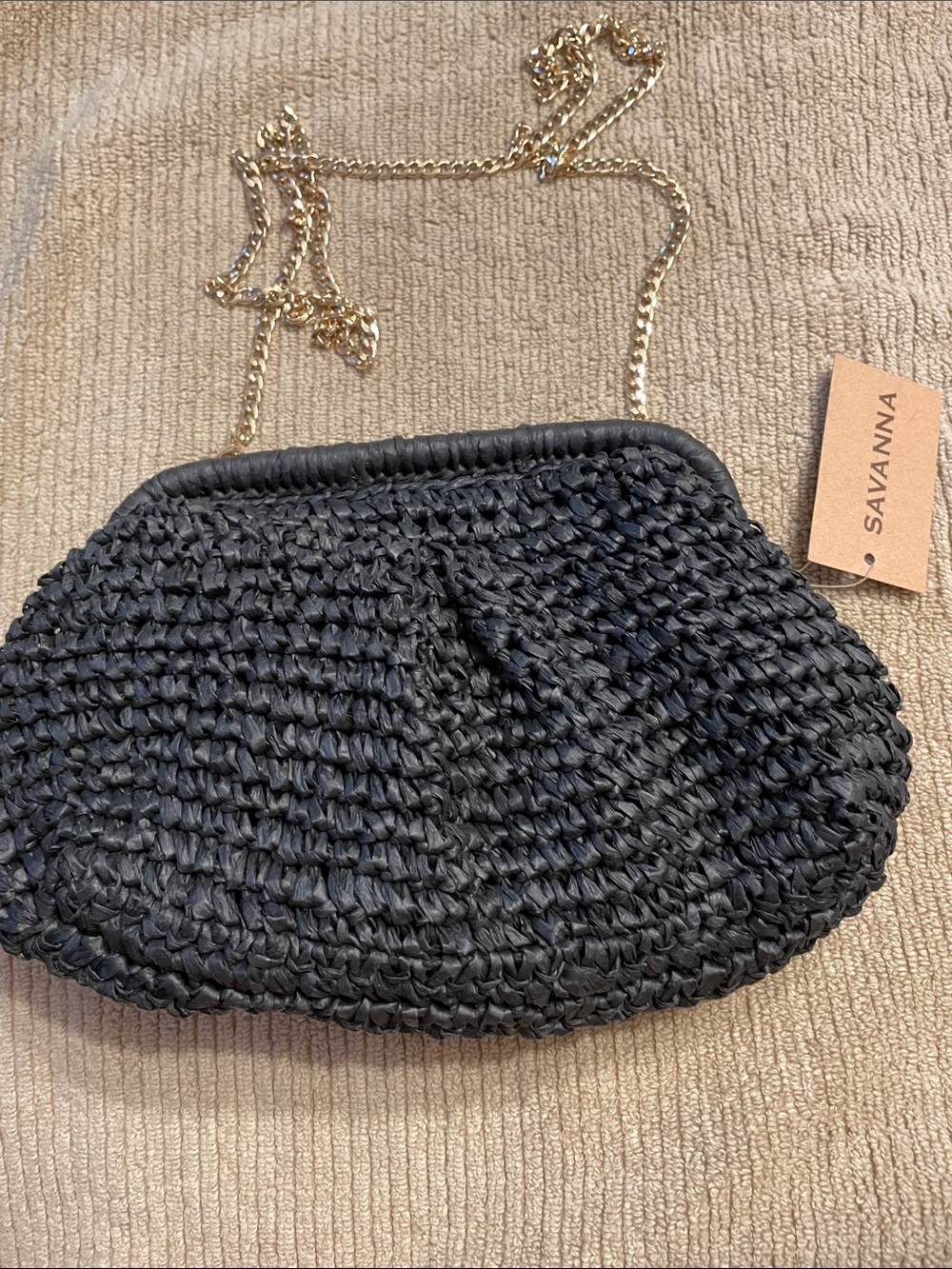 Savannah Black Woven Clutch with Gold Chain Strap